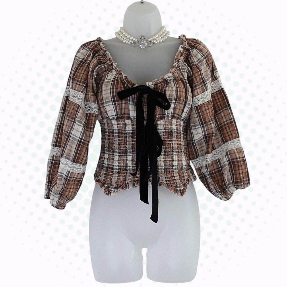 Kimchi Blue Brown Plaid Lace Ribbon Bow Puff Sleeve Cropped Milkmaid Top Size S